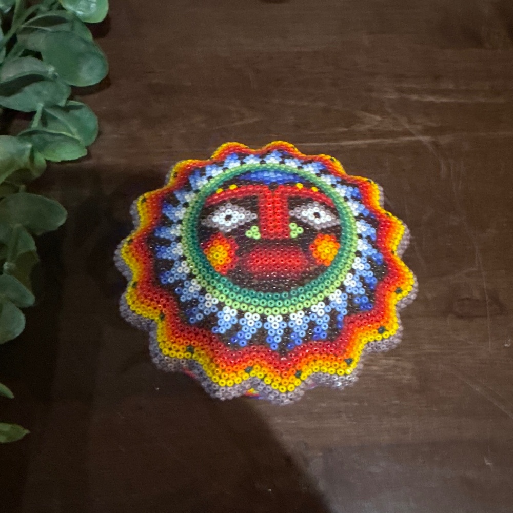 Vintage 4” Beaded Sun Plaque Clay Huichol Mexican Folk Art Trinket Box
